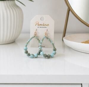 Pomina Blue Stone Oval Beaded Earrings New